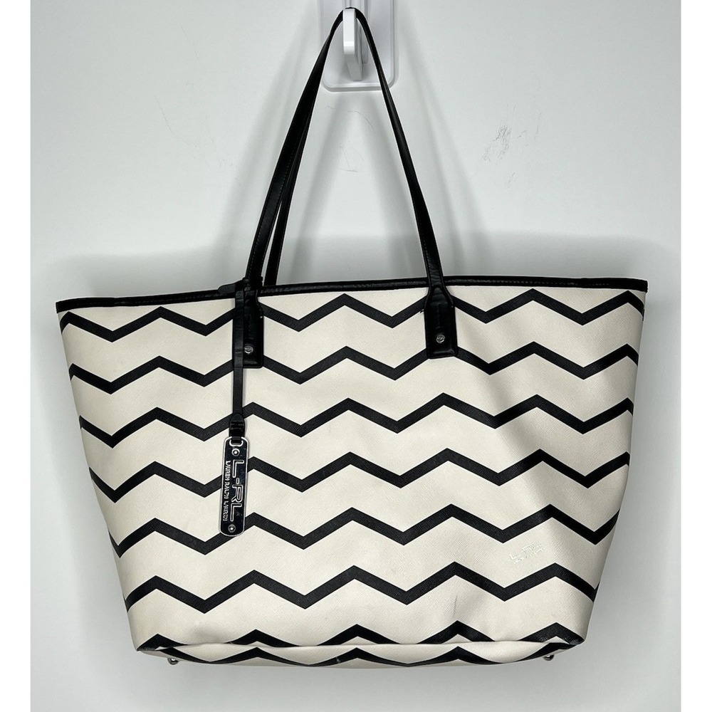 Lauren Ralph Lauren Kirby Tote Bag Large White Black Chevron Pattern Purse